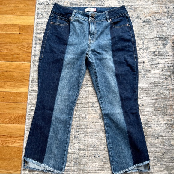 CAbi Hi Low Crop Jeans Womens Two Tone Blue Denim Mid Rise, Size 14 - Picture 1 of 6